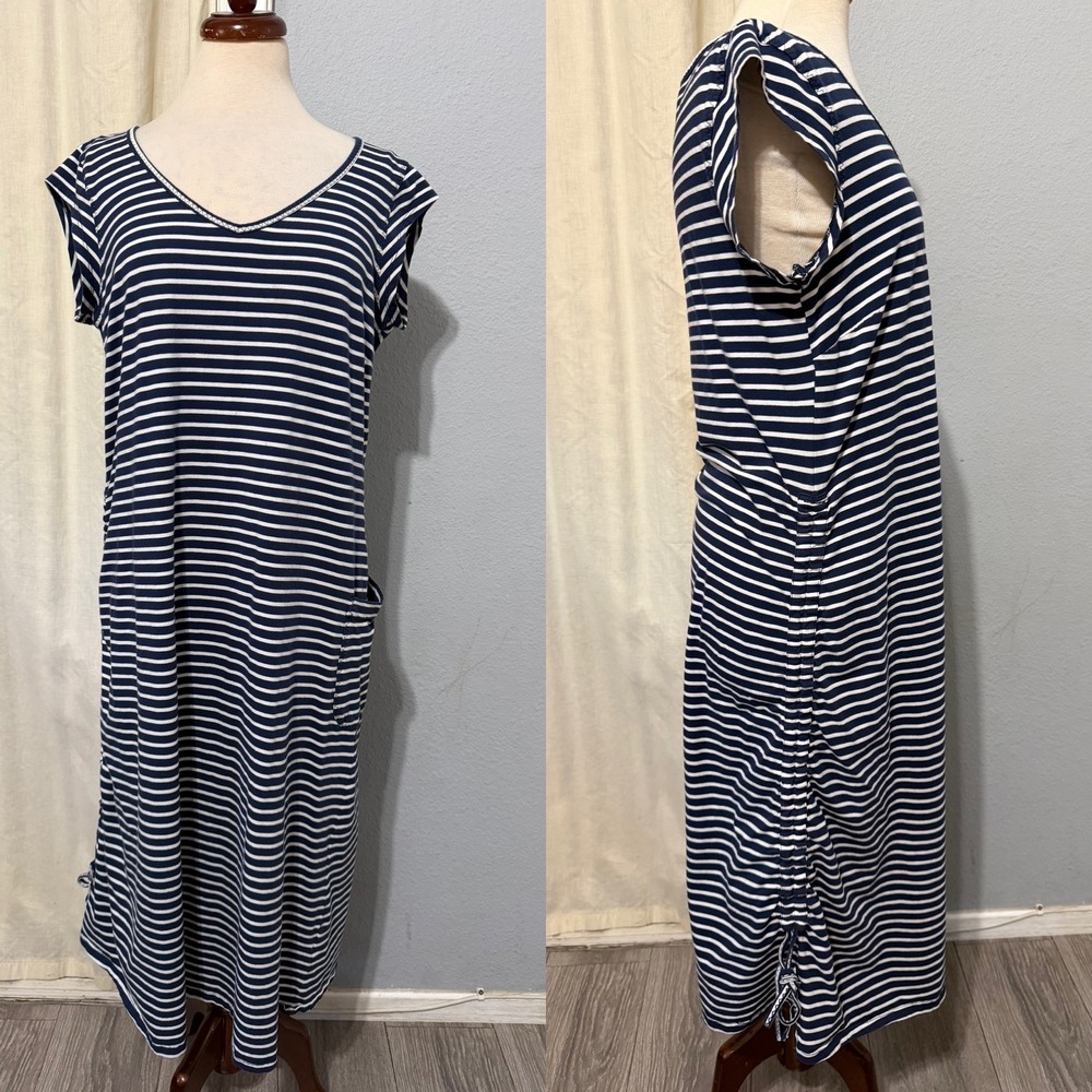 Cotton Modal Toad&Co Midi Dress Size L‎ Navy White Striped V-Neck Side Cinch Eco